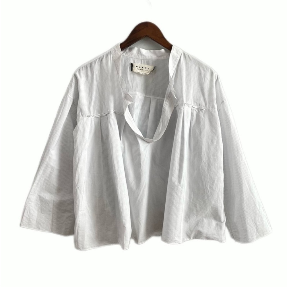 Marni | Womens White Pinstripe 100% Cotton Pleated Blouse Top Round Wide Neck 10